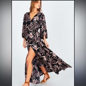 Amuse Society Isle of Love Maxi Wrap Dress Floral Black Small Resortwear Beach